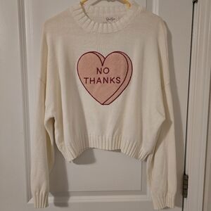 Jessica Simpson Valentines Day Cropped Sweater “No Thanks” Cream Pink SzM